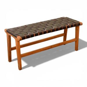 Banco de Jardín de Madera de Teca Ecológico Hecho a Mano, Asiento con Correa de Cuero Tejido, Muebles de Exterior para Patio, Balcón, Villa o Resort - Product Image 3