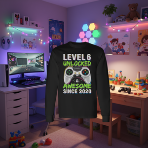 T-shirt à manches longues pour garçons, thème jeu, 6e anniversaire, niveau 6 débloqué, génial depuis 2020, catégorie de produits : T-shirts promotionnels - Product Image 3