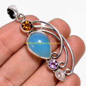 Colgante de Plata de Ley 925 con Múltiples Piedras Preciosas, Calcedonia Azul, Citrino, Amatista y Cuarzo Rosa, Joyería Hecha a Mano - Product Image 5