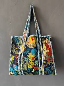 Bolso de viaje para mujer con estampado de bloques de mano de estilo bohemio acolchado Kantha de algodón indio, bolso de hombro con estampado Floral para estudiantes - Product Image 3