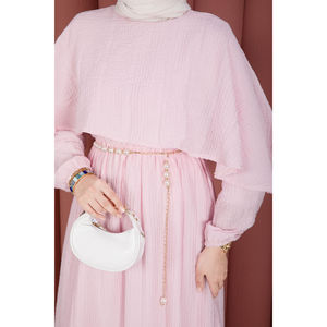 Robe d'été modeste rose, coupe trapèze, col cape, taille élastique, doublée en mousseline de soie - Product Image 6