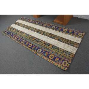 Tapis de laine bleu beige bohème de grande surface 3.4x7.8 pieds fait à la main classique turc Design Latex Patchwork couloir tapis de chambre - Product Image 4