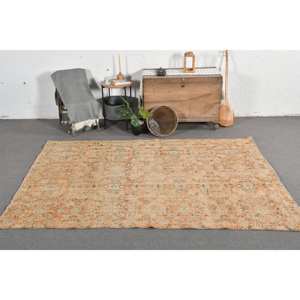 พรมขนสัตว์ปะต่อสีส้มสีฟ้าคลาสสิกขนาด5.8X8.5ฟุตงานแฮนด์เมดสไตล์ตุรกีสำหรับห้องนั่งเล่นลายสี่เหลี่ยมดีไซน์แบบยาง - Product Image 1