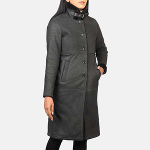 Alina Reversible Black Shearling Leather Coat High Collar Embroidered Diamond XS XL Waterproof Autumn Parka Nylon Zipper - Product Image 2