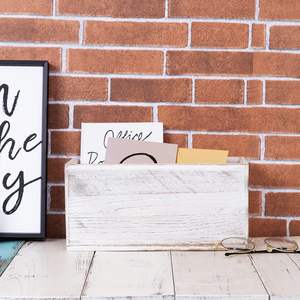 Rustic White Washed Wood Mail <b>Box</b> <b>Storage</b> Holder <b>File</b> Organizer Tabletop Wooden Basket Letter Script Design Envelope Folder - Product Image 4