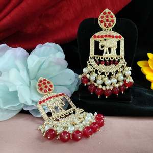 ต่างหู Kundan ดีไซน์รูปช้างต่างหูห้อยไข่มุกรูปพระจันทร์เสี้ยวคลาสสิกน้ำหนักเบาสวมใส่สบาย - Product Image 2