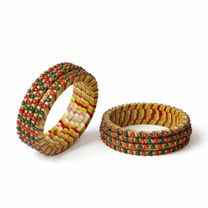 Ethnic Vintage Festive Lac Bangles Beaded Diamond <b>Bracelets</b> with Stripes Butterfly Geometric Patterns <b>Set</b> of 10 for Parties - Product Image 3