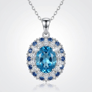 Collane di Moda Dan Jewelry <span class=keywords><strong>con</strong></span> Pendente in <span class=keywords><strong>Topazio</strong></span> Blu e Halo di Diamanti per Uso Quotidiano Femminile - Product Image 1