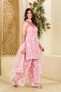 Ensemble Kurta et Plazzo à col halter avec dupatta, robes décontractées, tissu en filet papillon, broderie de sequins pour les tenues de fête - Product Image 3