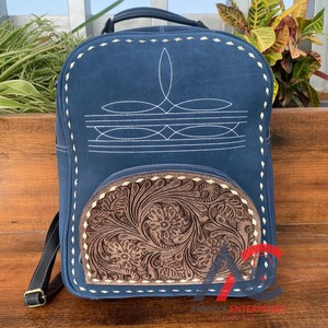 Boot Stitch Mochila de cuero de gamuza azul tooled a mano Western Floral Travel Luxury Hand Stitch Mochila pequeña de cuero para mujer - Product Image 1