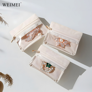 WEIMEI Semi-Transparent PVC Velours Bijoux Pochette Fermeture À Glissière Beige Organisateur pour Boucles D'oreilles Collier Voyage Sac De Rangement - Product Image 3