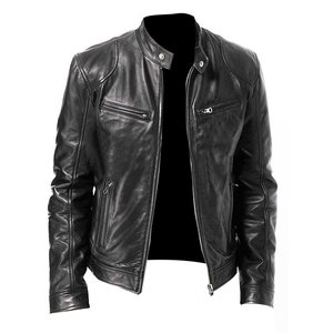 Chaqueta de cuero para hombre estilo motorista con bolsillos con cremallera abrigo ajustado para motocicleta - Product Image 5