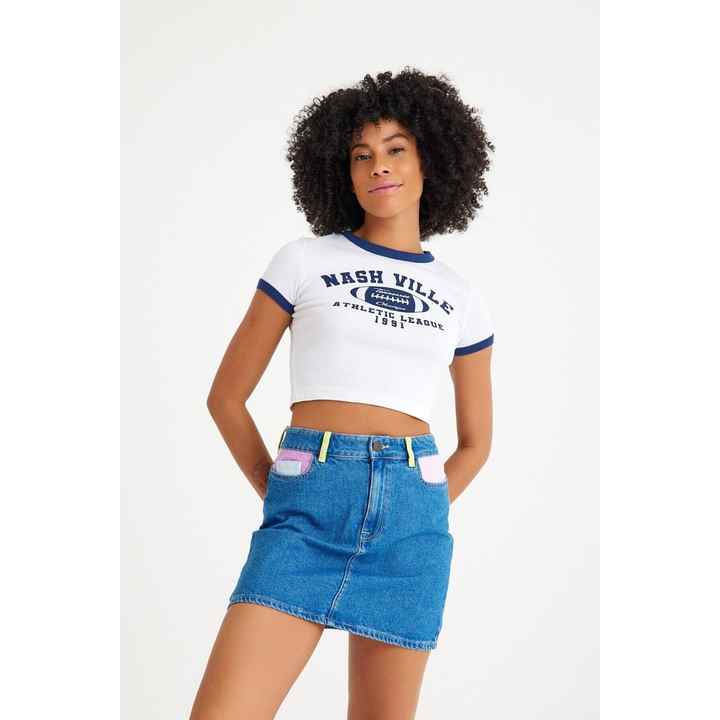 Color Blocked Jean Skirt
