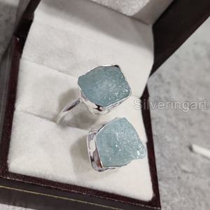 Exportation de bijoux en pierre brute bague pour femme aigue-marine naturelle pierre brute pierre de naissance de mars double pierre bague en argent sterling 925 - Product Image 3