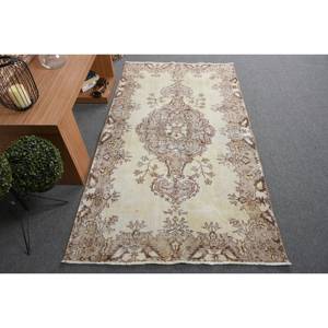 Classic Beige Brown 3.7 X 6.7ft Wool <b>Rug</b> Turkish Patchwork Design for Entryway Living Room or <b>Bedroom</b> Latex Backing - Product Image 1