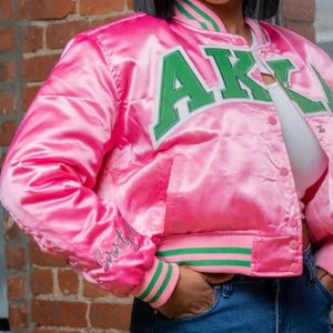 AKA pembe Vintage mahsul bombacı ceket yunan giyim saten Flyest bakmak kaburga manşetleri işlemeli yamalar zamansız Sorority tarzı - Product Image 6
