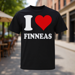T-shirt I Love Finneas con design a cuore rosso, girocollo nero, abbigliamento unisex - Product Image 3