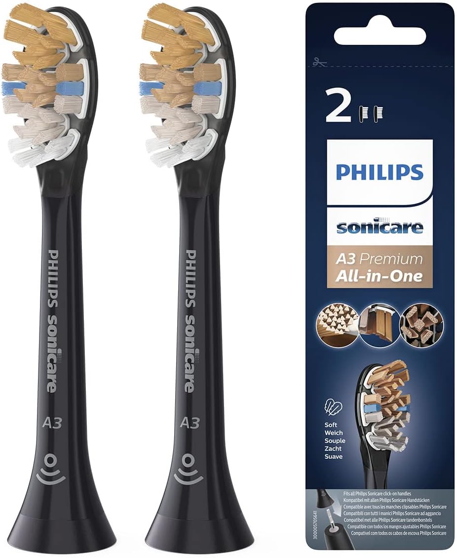 Philips Sonicare, оригинальные головки зубной щетки класса A3 премиум класса, стандартные звуковые головки зубной щетки-2 упаковки черного цвета (модель HX9092/11)