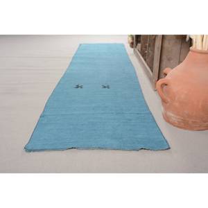 Tapis turc vintage moderne 2.7 X 11.8ft fait à la main bleu Patchwork Rectangle Design laine Viscose matériel Latex pour Teen Living - Product Image 3