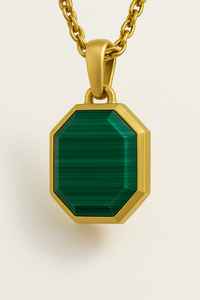 Pendentif unisexe en or 14 carats avec cabochon en malachite plaqué or et rhodium et lunette pour cadeau d'anniversaire - Product Image 4