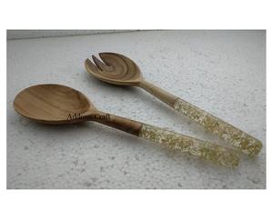 Ensemble de couverts à salade en bois faits à la main avec manche en laiton Couverts en bois Cuillère Fourchette Couverts Ustensiles de cuisine Vaisselle - Product Image 2
