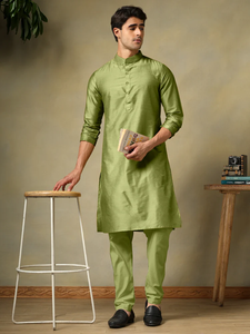 Conjunto de Kurta y Pijama de Algodón y Seda Verde Mehendi para Hombre, Transpirable, Informal, de Diseño Étnico para Uso Diario y Festivo - Product Image 4