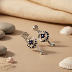 Pendientes de Botón de Flor con Turquesa, Diamantes y Circonitas en Oro de 14K, Diseño Geométrico Moderno con Zafiro para Compromiso de Mujer, Plata 925 - Product Image 2