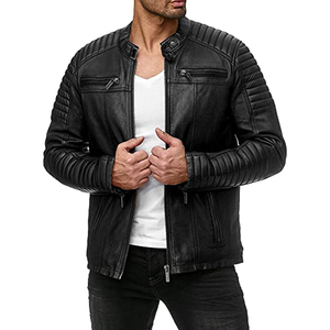 Wholesale Men's Slim Fit Sheep Skin Leather <b>Jacket</b> Stand <b>Collar</b> Lightweight Zip-up Bomber Coat Formal PU Motorcycle Biker <b>Jacket</b> - Product Image 1
