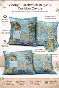 Fundas de Almohada Decorativas con Parches Magnéticos a Rayas Bordados a Mano en Tela Reciclada, Estilo Vintage Kantha Boho para Decoración del Hogar - Product Image 6