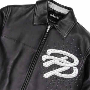 Chaqueta Negra 100% Cuero Puro con Bordado de Pedrería, Estilo Urbano Americano Premium de Invierno, Talla Grande, Cierre de Cremallera, Cuello Alto, Unisex - Product Image 4