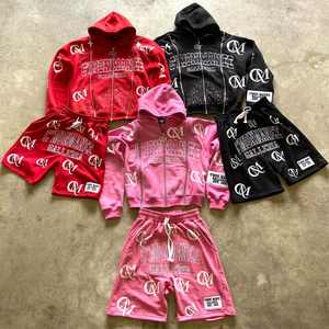 Survêtement surdimensionné au soleil avec strass personnalisé 100% coton ensemble de short et sweat à capuche zippé en éponge française délavé à l'acide ensembles courts - Product Image 4