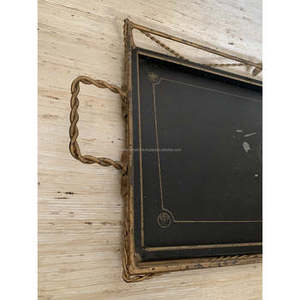 Modern <b>Black</b> Metal <b>Serving</b> <b>Tray</b> with Wire Border and Handle Perfect for Elegant Food <b>Serving</b> and Stylish Kitchen Decorations - Product Image 4