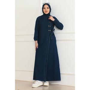 Abaya Mega Merchant Modelo 41459 para Mujer, Estilo Modesto, Color Azul Denim Oscuro, con Botones Delanteros y Lazos Laterales - Product Image 3