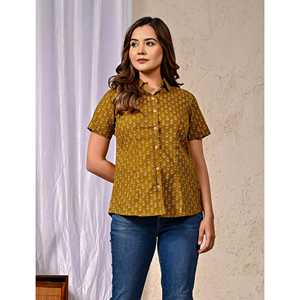 Camisa de Manga Media para Mujer, de Algodón Color Mostaza, Estampada, de Popelina - Product Image 4