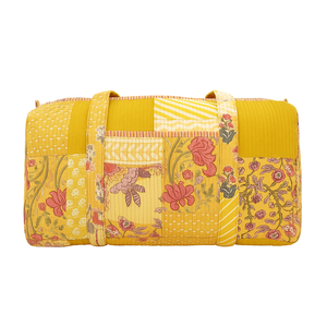 กระเป๋าดัฟเฟิลพิมพ์งานปะสีเหลืองหรูหราทำจากผ้าฝ้ายบล็อกพิมพ์ลายสำหรับการเดินทางไปยิมกระเป๋าวีคเอนเดอร์ความจุขนาดใหญ่และการออกแบบที่ทนทาน - Product Image 1