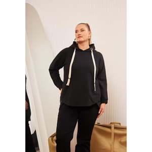RMG Plus Size Women's Black Embellished Lace-Up Corded Hooded <b>Asymmetric</b> <b>Hem</b> Sweatshirt <b>Top</b> for Casual Wear - Product Image 3