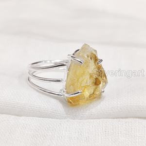 Joyería de piedra en bruto, anillo para mujer, Natural citrino piedra preciosa de crudo, piedra natal de noviembre, 3 bandas lisas, anillo de Plata de Ley 925 para fiesta - Product Image 1