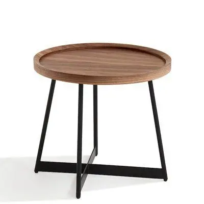 Desain terbaru tahan lama kayu kenari nampan bulat atas meja dengan logam besi bentuk salib berdiri hitam dan coklat untuk RUMAH & Hotel