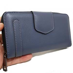 Cartera de mano de cuero genuino para mujer hecha a mano con doble compartimento, modelo azul acero No 1001 - Product Image 1