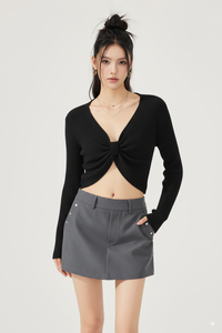 Pull court en tricot côtelé uni pour femmes, vente en gros, nœud torsadé, manches longues, col en V, 100% coton, écologique, respirant - Product Image 2