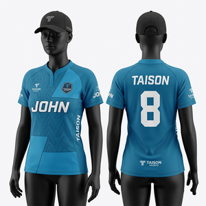 Maillot de rugby pour femme 175 GSM en tissu interlock respirant, bleu acier avec empiècements noirs, broderie et impression thermocollée - Product Image 2