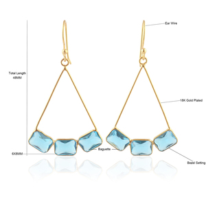 Minimalist baguette shape gemstone dangle <b>earring</b> swiss blue hydro quartz drop dangle <b>earring</b> brass gold plated handmade <b>earring</b> - Product Image 2