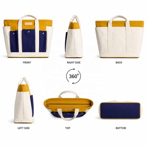 MORGANS INDUSTRIES Panelled <b>Canvas</b> <b>Tote</b> Bag <b>Canvas</b> Lining Embroidery Decor Mustard Blue White Open Top Shopping Bag All Seasons - Product Image 2