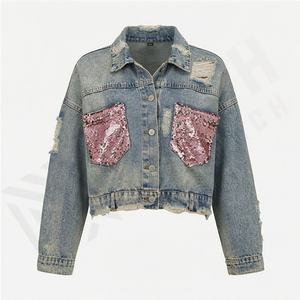 High Quality Distressed Ripped Casual Knitted Denim <b>Varsity</b> <b>Jacket</b> Women Cotton Filled Viscose Lined Autumn Winter Wholesale - Product Image 1