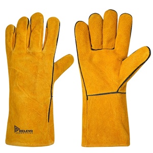 Gants de travail industriels d'hiver en cuir jaune, demi-doigts, résistants à la chaleur, pour soudure, avec fermeture auto-agrippante et poignet allongé - Product Image 3