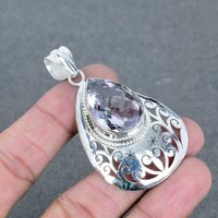 Nouvel Arrivage Pendentif Charme de Luxe pour Femme en Laiton Plaqué Argent Sterling 925 avec Améthyste Rose Facettée Faite à la Main Troisième