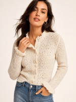 Nouveau Cardigan Tricoté Élégant et Tendance pour Femme 2026 – Col Montant Volanté, Dentelle Ajouree, Coupe Slim