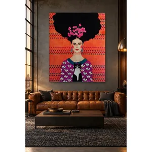 Fida Woman avec illustration d'un chat noir et blanc sur fond orange, impression sur toile - Product Image 4