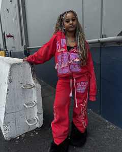 Personalizado de alta calidad Streetwear Zip up Heavyweight Oversized Mens Hoodie Parche desgastado Bordado Pantalones de chándal y Sudadera con capucha Set - Product Image 3