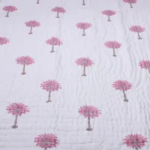 Trending Flamingo Pink Block Print Quilted Throw Blanket 100% Cotton Quilt Patchwork And Bed Sage Lap Bedding Coverlet Bedsheet